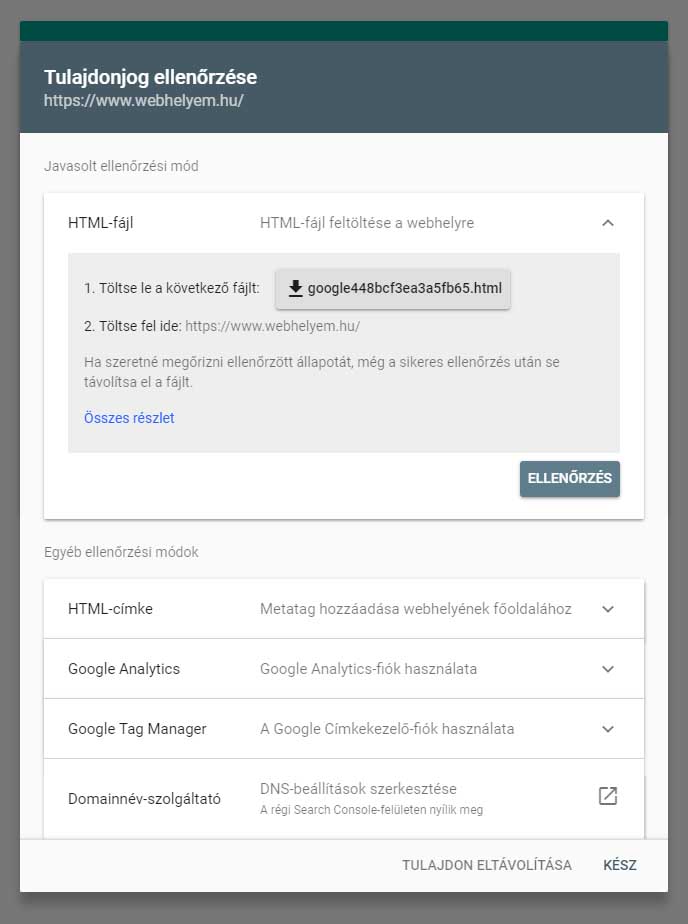 A tulajdon ellenőrzése a Google Search Consoleban A tulajdon ellenőrzése a Google Search Consoleban