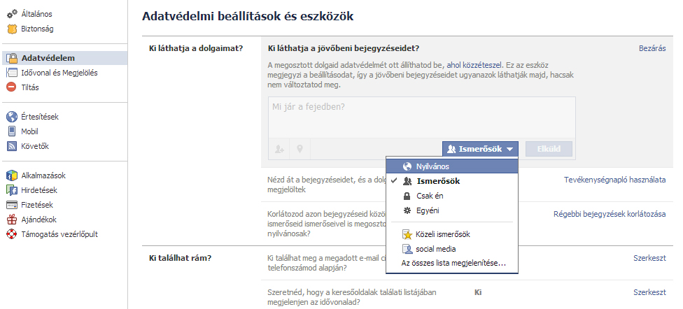 Közösségi média marketing tanácsadó Facebook adatvédelmi beállítások