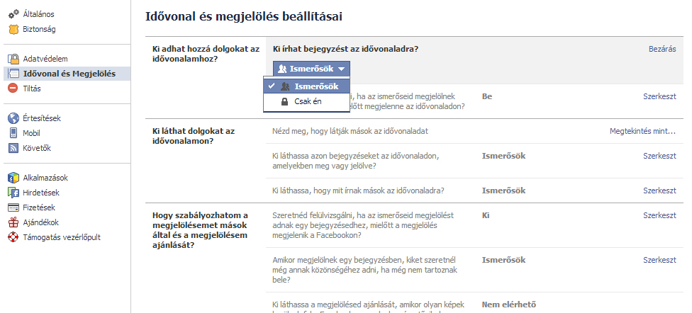 A Facebook idővonal beállításai 