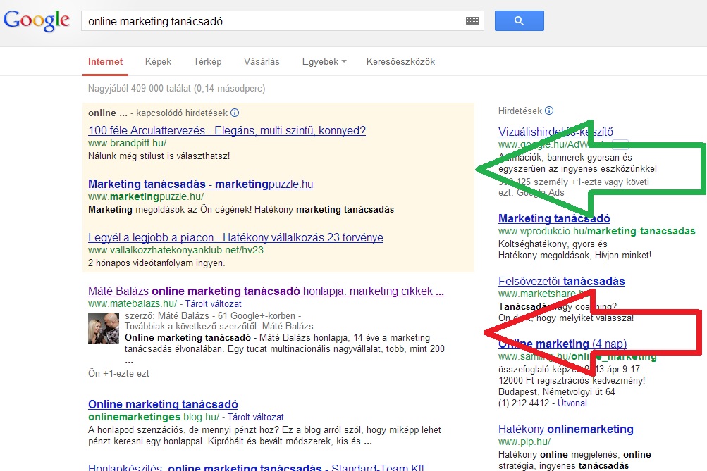 Online marketing tanácsadó kifejezés a Google tallálati listájában Google AdWords megjelenése a találati listában